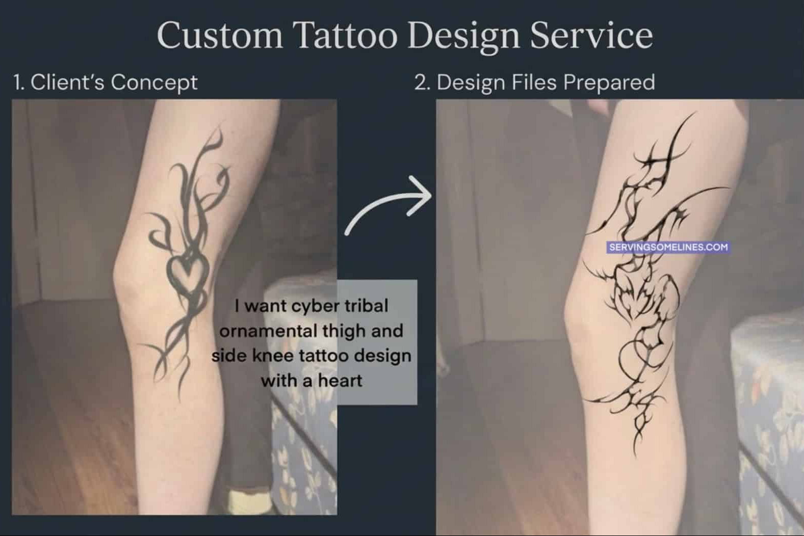 Cyber tribal custom tattoo design service example with heart detail, made for thigh and side knee placement from client concept.