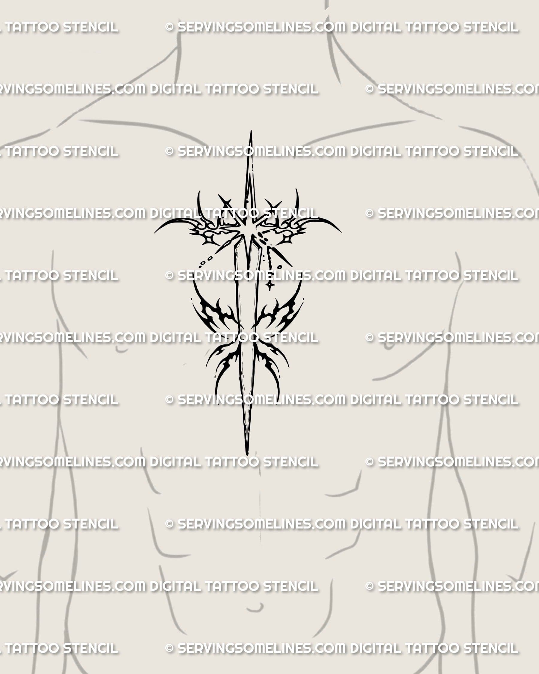 Cyber tribal tattoo design placed on male chest, modern celestial dagger tattoo symbol of focus and resilience.