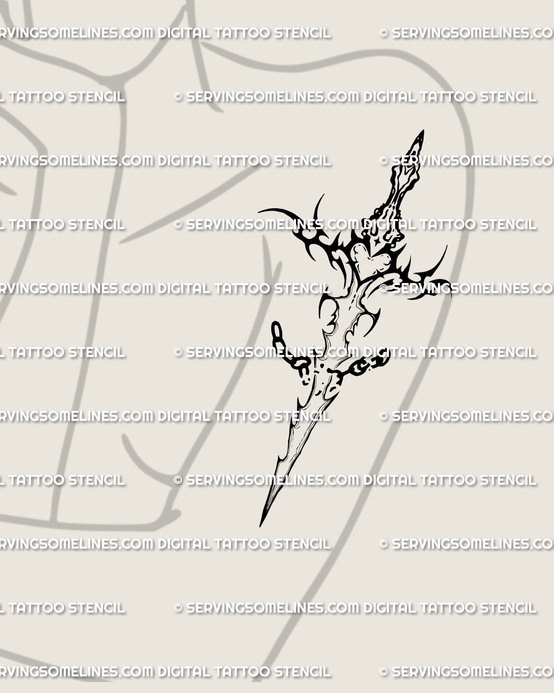 cyber-tribal dagger tattoo stencil with chain breaker blade, feminine sword design symbolizing power and protection