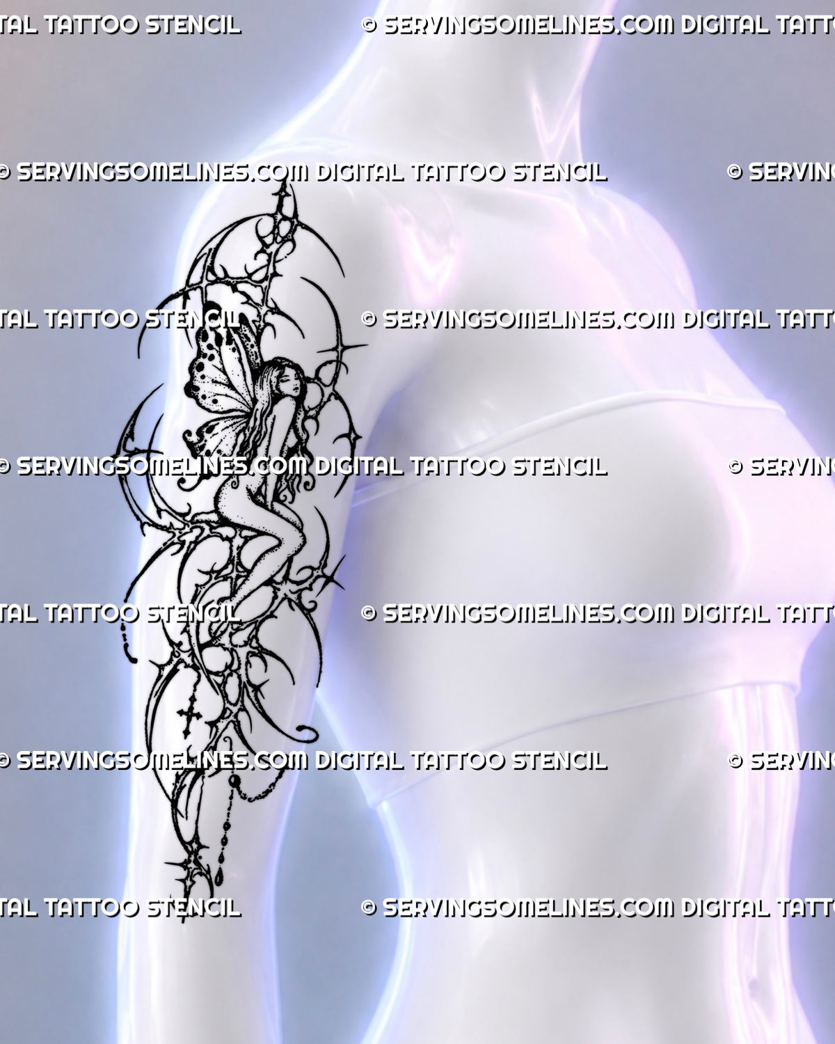 Upper-arm tattoo placement preview on a woman, showing a seated fairy with butterfly-like wings surrounded by hooked cyber tribal lines.      