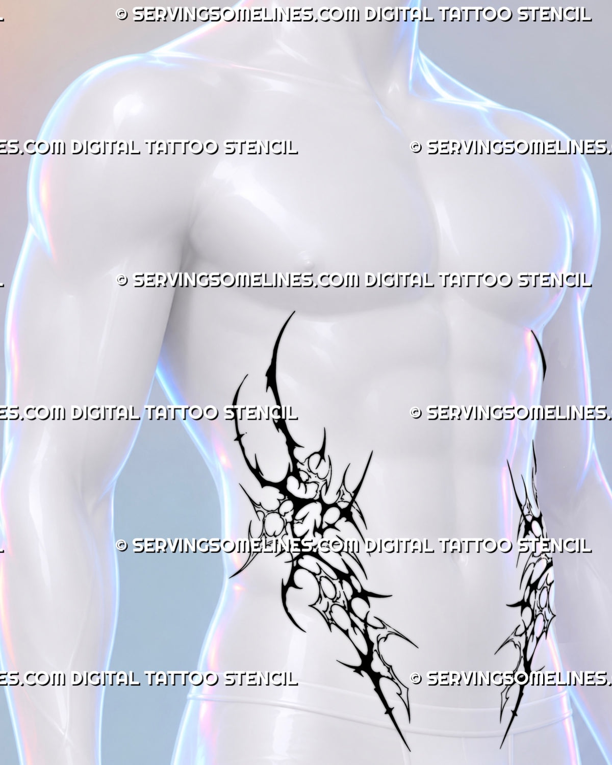 Cyber tribal hip tattoo shown from a male side view with black neotribal forms following the front hip and outlined cybersigilism extending toward the waist