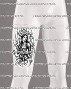 Cyber tribal knight tattoo stencil shown on men’s thigh with female knight, sword, detailed armor, spiked sigil frame, and bold placement design