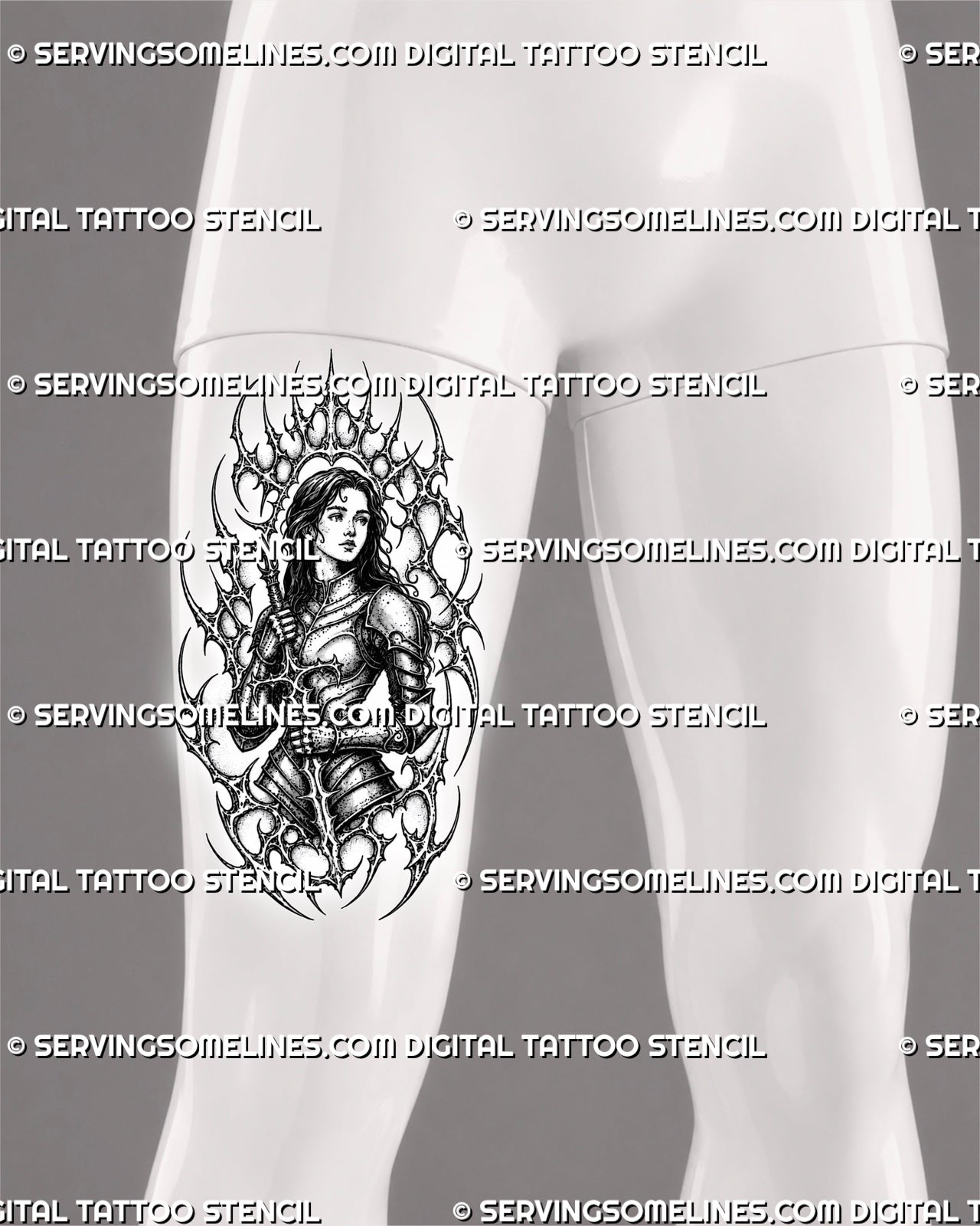Cyber tribal knight tattoo stencil shown on men’s thigh with female knight, sword, detailed armor, spiked sigil frame, and bold placement design