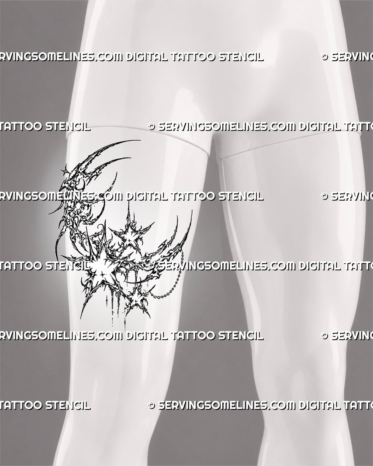 Cyber tribal moon tattoo stencil shown on men’s thigh with crescent moon, sharp star details, ornamental linework, and chain accent