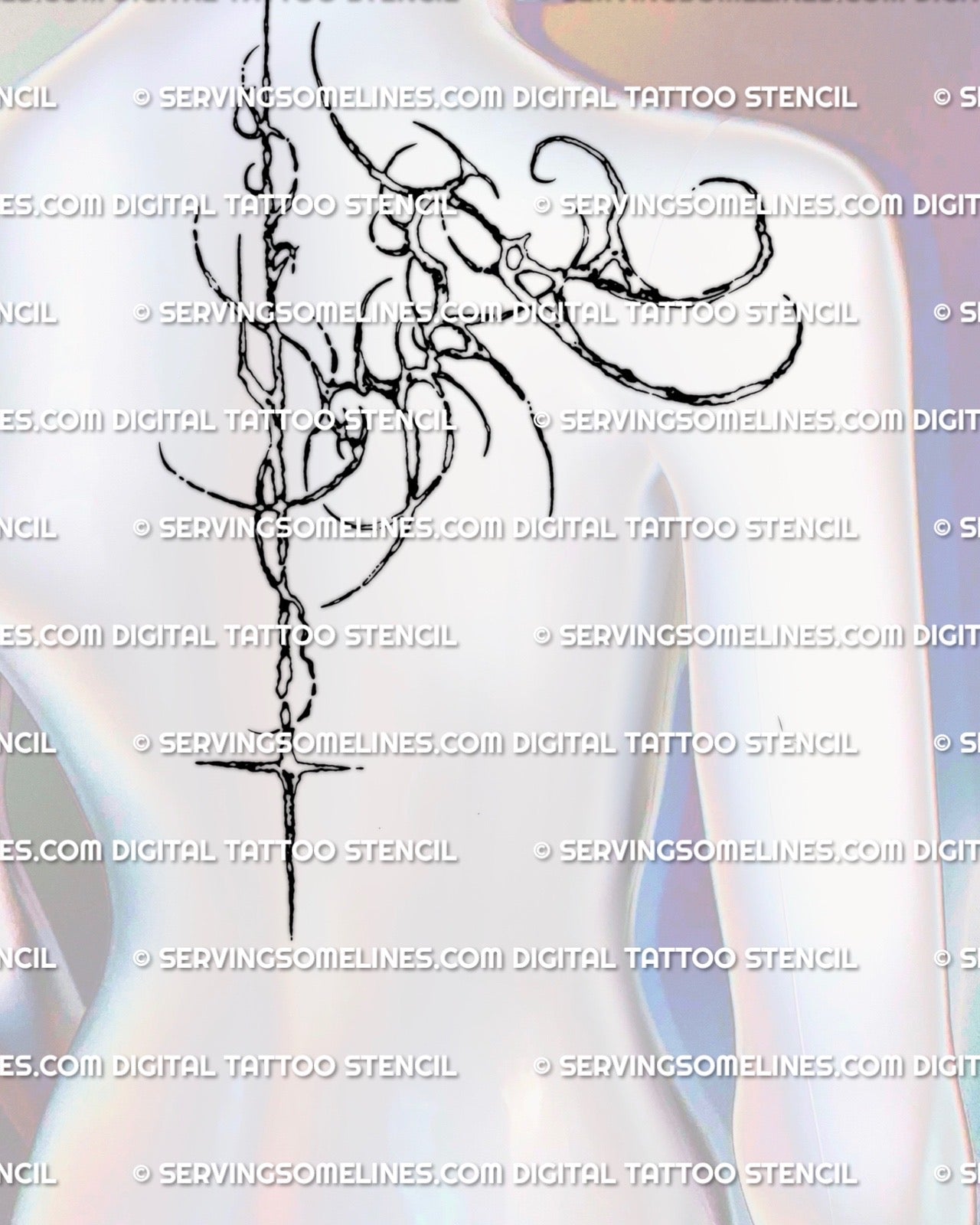 mannequin display showing cyber tribal biomech tattoo wrapping shoulder and running into spine, modern masculine back piece layout