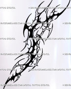 Cyber tribal side knee tattoo stencil design combining solid black neotribal shapes, outlined cybersigilism details, tapered hooks, and open negative space