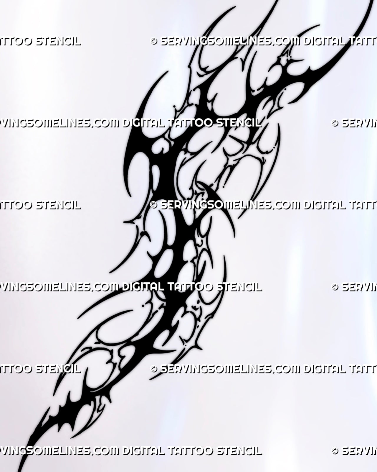 Cyber tribal side knee tattoo stencil design combining solid black neotribal shapes, outlined cybersigilism details, tapered hooks, and open negative space