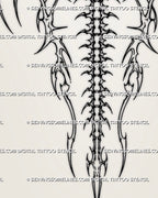 Close-up of cyber tribal skeletal wings tattoo showing pointed bone-like hooks, mirrored neotribal curves, sharp tips, and open shoulder-blade framing