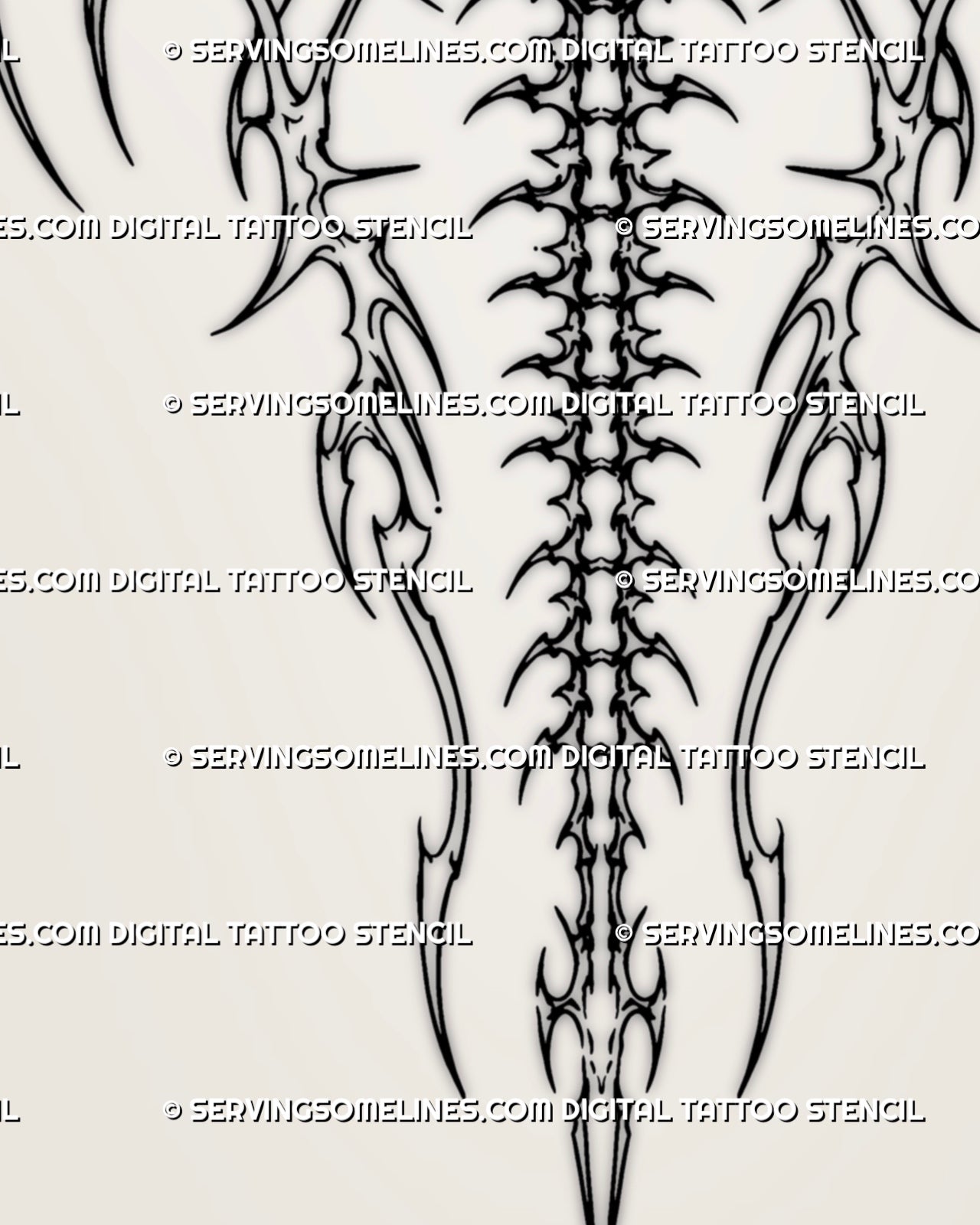 Close-up of cyber tribal skeletal wings tattoo showing pointed bone-like hooks, mirrored neotribal curves, sharp tips, and open shoulder-blade framing