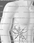 Cyber tribal spider web tattoo stencil shown on men’s ribs with sharp web lines, curved hooks, spiked points, and abstract tattoo flow