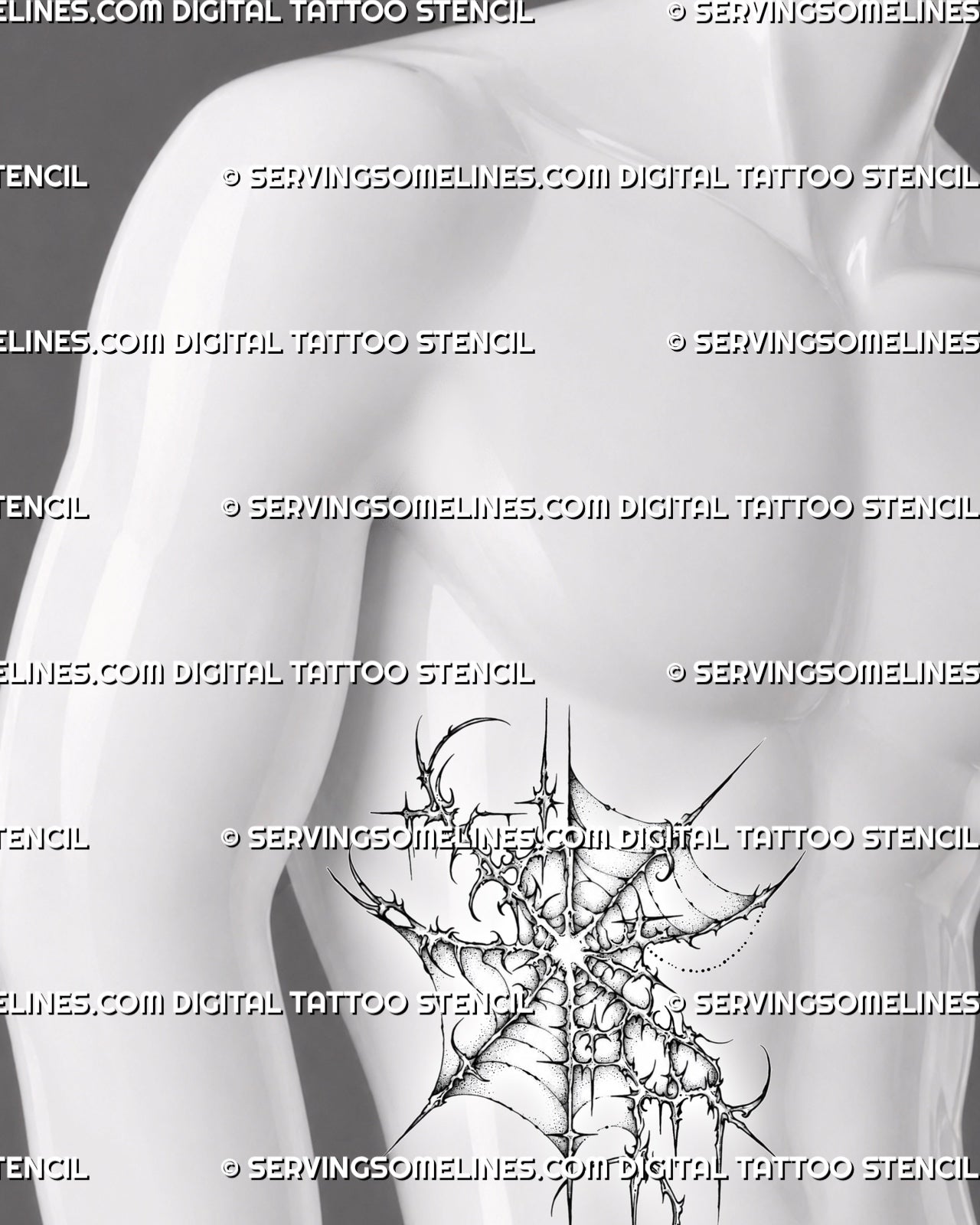 Cyber tribal spider web tattoo stencil shown on men’s ribs with sharp web lines, curved hooks, spiked points, and abstract tattoo flow
