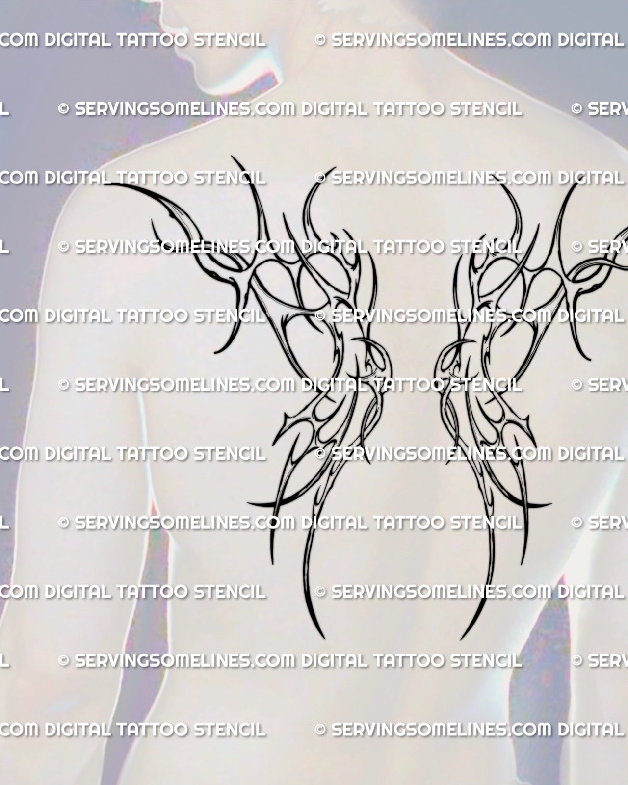 cyber tribal wing tattoo men mockup showing strong upper back wings with biomech energy and sharp tribal lines centered across shoulder blades

