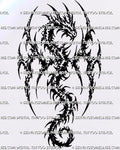 Cyber tribal winged dragon tattoo stencil with horned head, raised wings, jagged blackwork, sharp neotribal forms, broken negative space, and curled tail