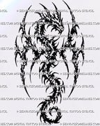 Cyber tribal winged dragon tattoo stencil with horned head, raised wings, jagged blackwork, sharp neotribal forms, broken negative space, and curled tail