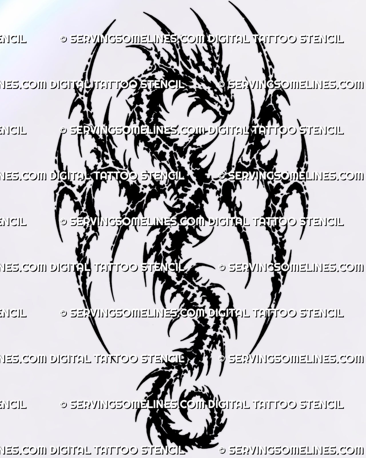 Cyber tribal winged dragon tattoo stencil with horned head, raised wings, jagged blackwork, sharp neotribal forms, broken negative space, and curled tail
