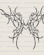 full design display of cyber tribal wings with central heart, ornamental neotribal shapes created as upper back tattoo stencil digital download