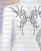 cyber tribal wings tattoo stencil shown on mannequin upper back with winged heart center, feminine shoulder blade wing design for digital tattoo download