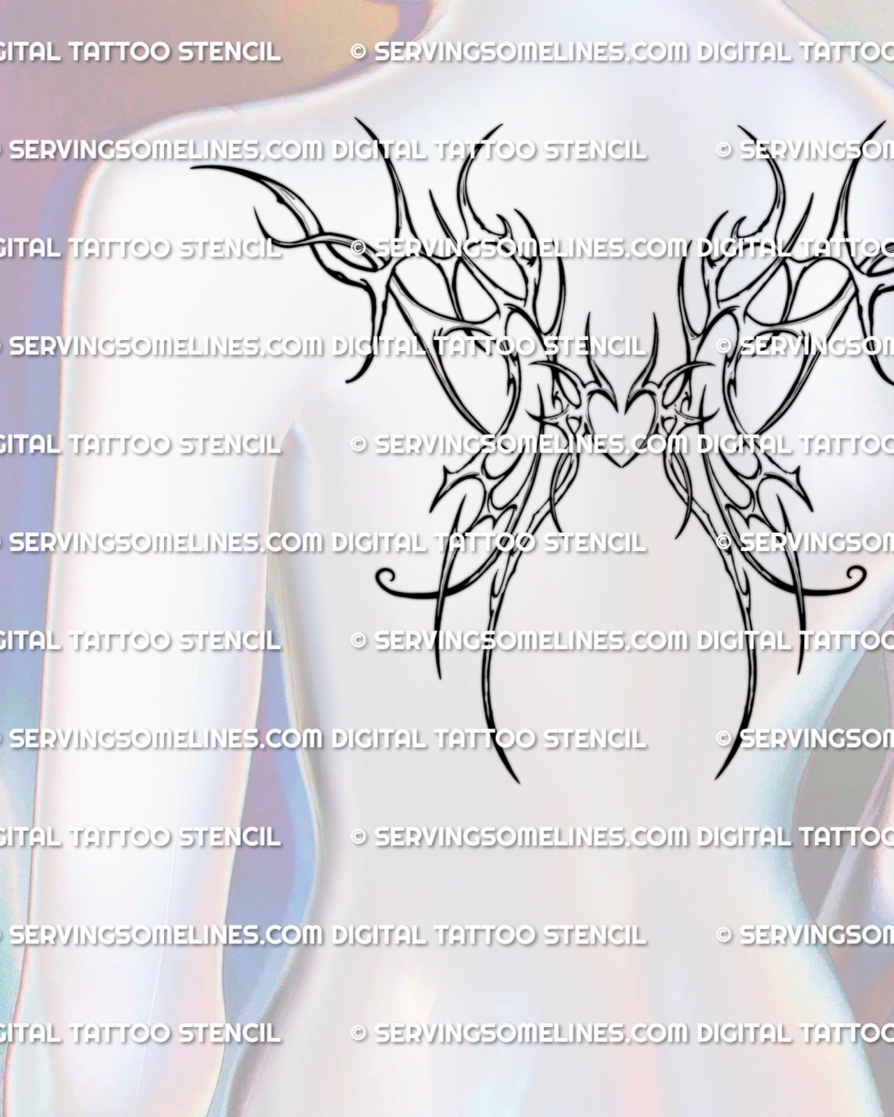cyber tribal wings tattoo stencil shown on mannequin upper back with winged heart center, feminine shoulder blade wing design for digital tattoo download