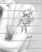 Cyber unicorn head tattoo stencil shown on women’s arm with prominent horn, detailed face, flowing mane, sharp spikes, crescents, and circular cyber ornament