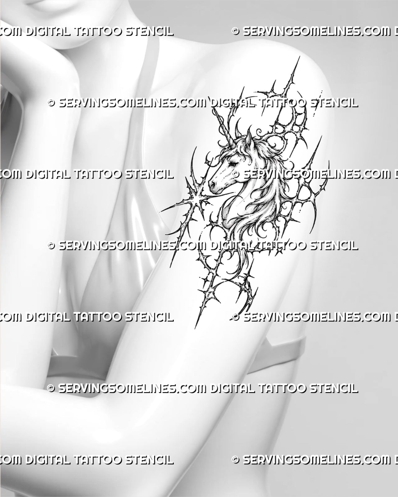Cyber unicorn head tattoo stencil shown on women’s arm with prominent horn, detailed face, flowing mane, sharp spikes, crescents, and circular cyber ornament