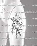 Cyber unicorn head tattoo stencil shown on women’s thigh with readable side-profile portrait, flowing mane, long horn, circular openings, and starburst accents