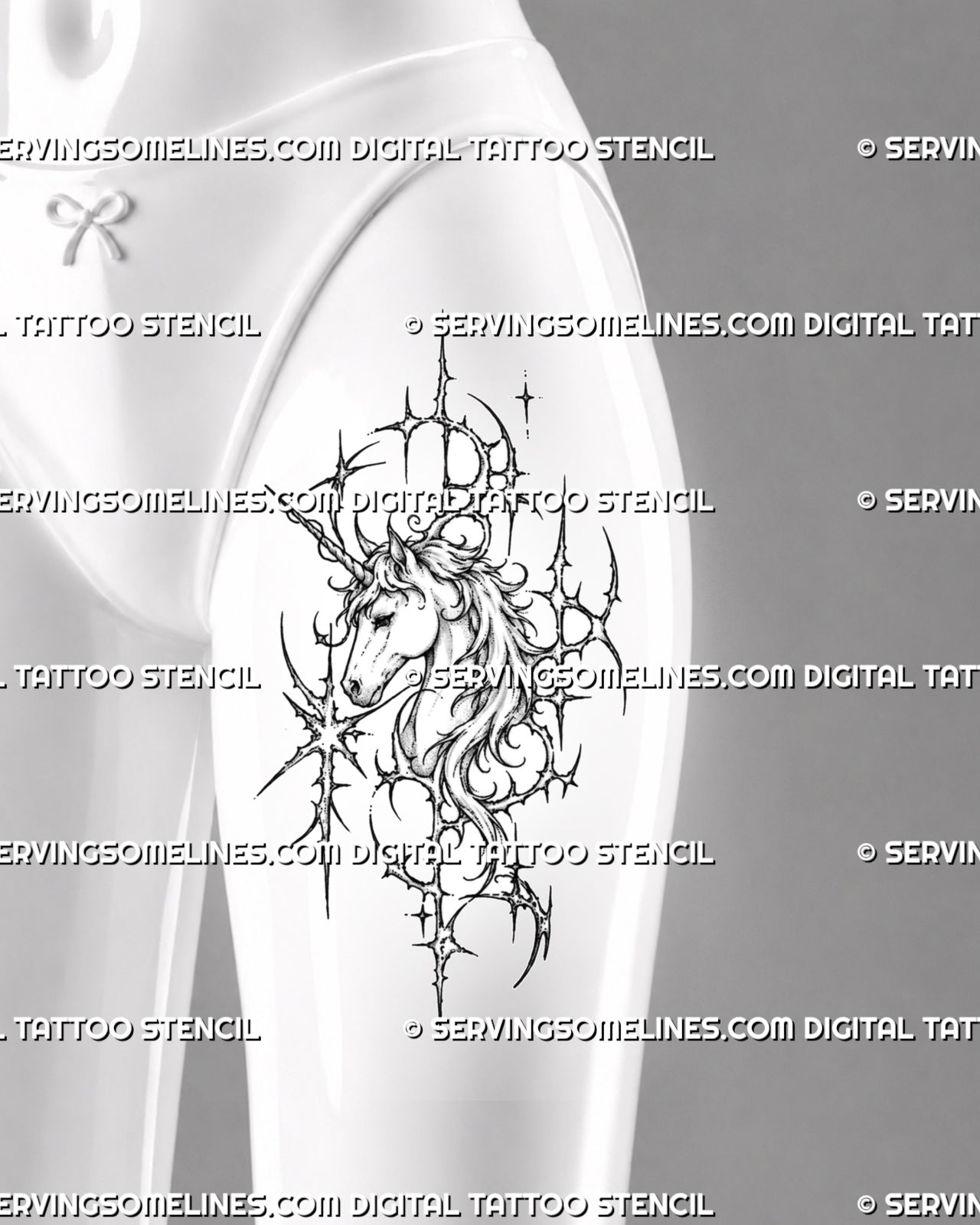 Cyber unicorn head tattoo stencil shown on women’s thigh with readable side-profile portrait, flowing mane, long horn, circular openings, and starburst accents