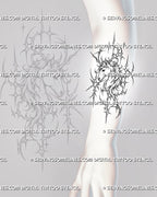 Cyber unicorn portrait tattoo stencil shown on forearm with a vertical head-and-neck composition, flowing mane, long horn, and open asymmetric framing