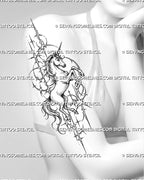 Cybersigilism unicorn tattoo stencil shown on women’s arm with a complete rearing body, raised front legs, flowing tail, starbursts, and thorned cyber linework