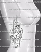 Cyber unicorn tattoo stencil shown on women’s side body with tall complete silhouette, lifted legs, flowing mane and tail, celestial forms, and sharp ornament