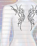 feminine upper back mockup showing futuristic cyber wing tattoo design with clean biomech lines and modern symmetrical wing layout