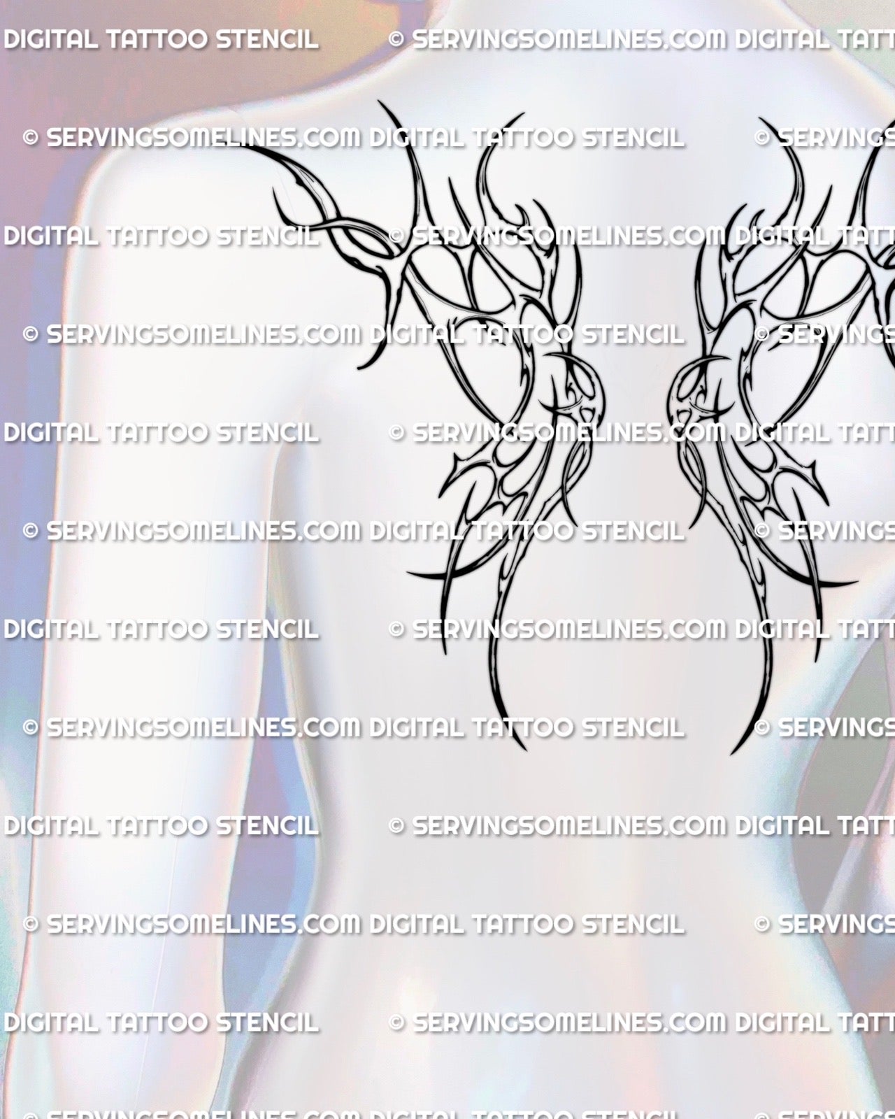 feminine upper back mockup showing futuristic cyber wing tattoo design with clean biomech lines and modern symmetrical wing layout