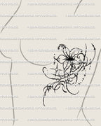Cyber-Tribal floral linework tattoo along female side ribs, a cybersigilism flower design with ornamental spiky cyber tribal rhythm.