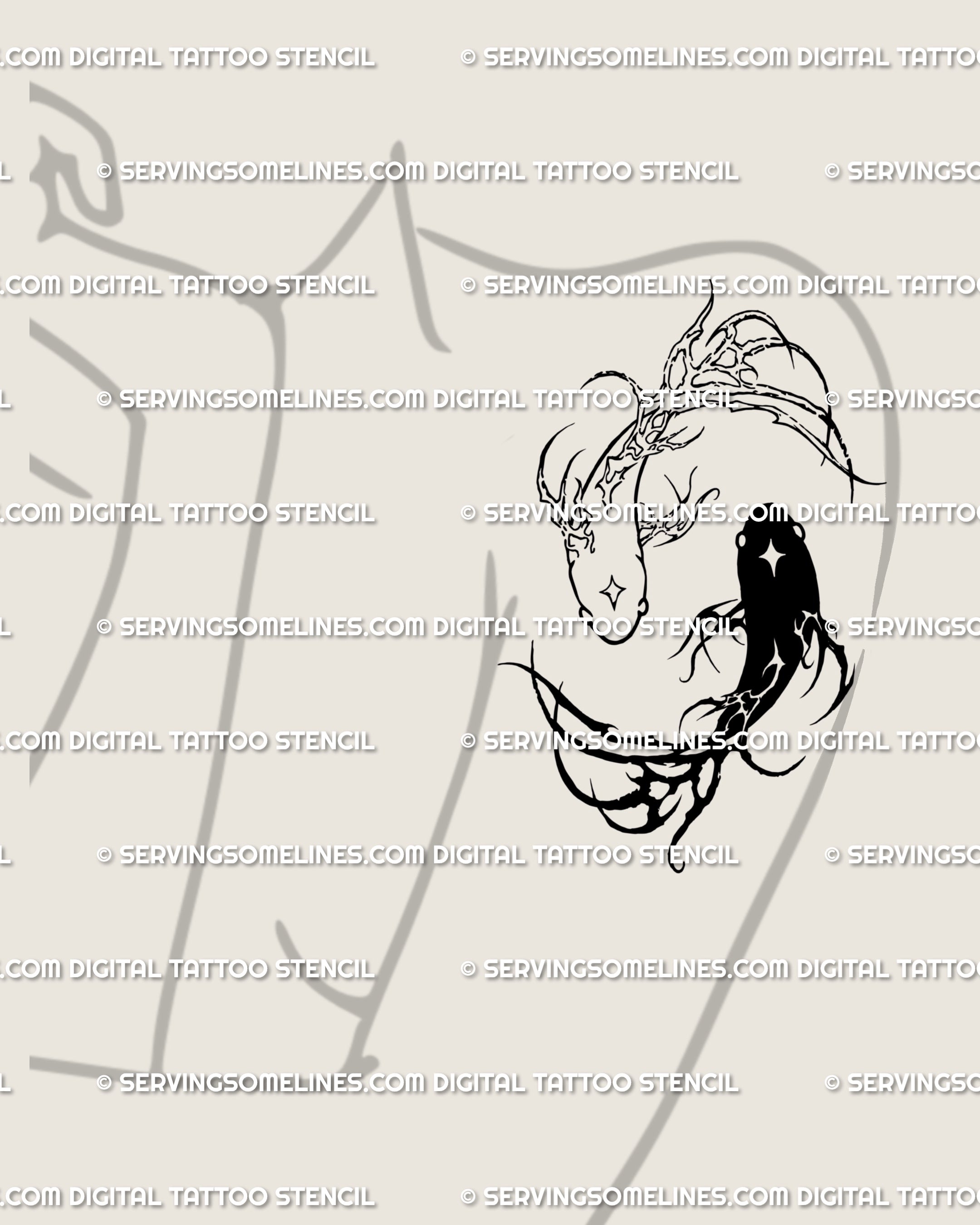 Cyber koi fish tattoo wrapping from shoulder to upper arm on a female build; spiky sigil lines follow the deltoid for sleek movement and modern edge.
