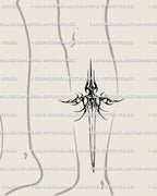 Cyber sigil blade tattoo idea on the lower leg; streamlined silhouette follows the calf, alt-goth look without bulk, stencil-ready for fast transfer and accurate sizing.