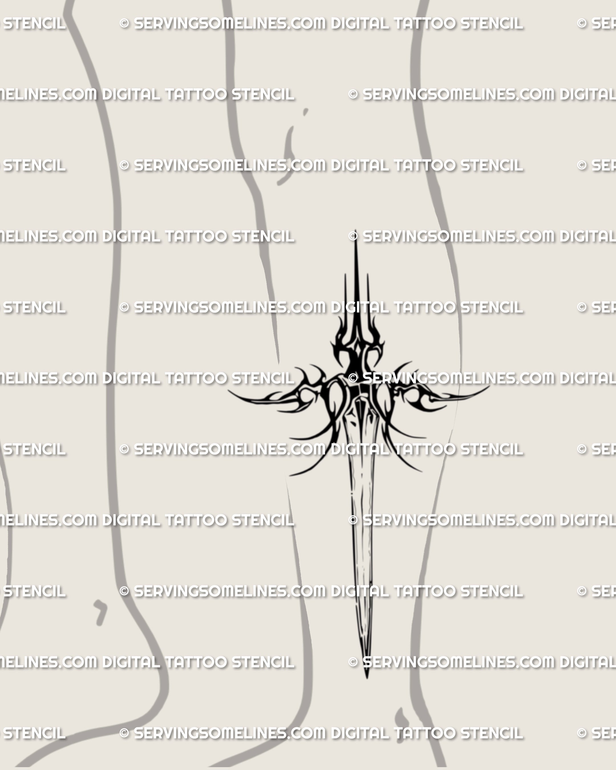 Cyber sigil blade tattoo idea on the lower leg; streamlined silhouette follows the calf, alt-goth look without bulk, stencil-ready for fast transfer and accurate sizing.