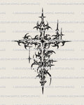 Cyber sigilism cross stencil in thorny neotribal gothic style, sharp spikes and Y2K vibe, created as a digital tattoo design for alt aesthetics.