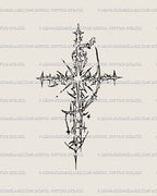 Cyber sigilism cross stencil in thorny neotribal gothic style, sharp spikes and Y2K vibe, created as a digital tattoo design for alt aesthetics.
