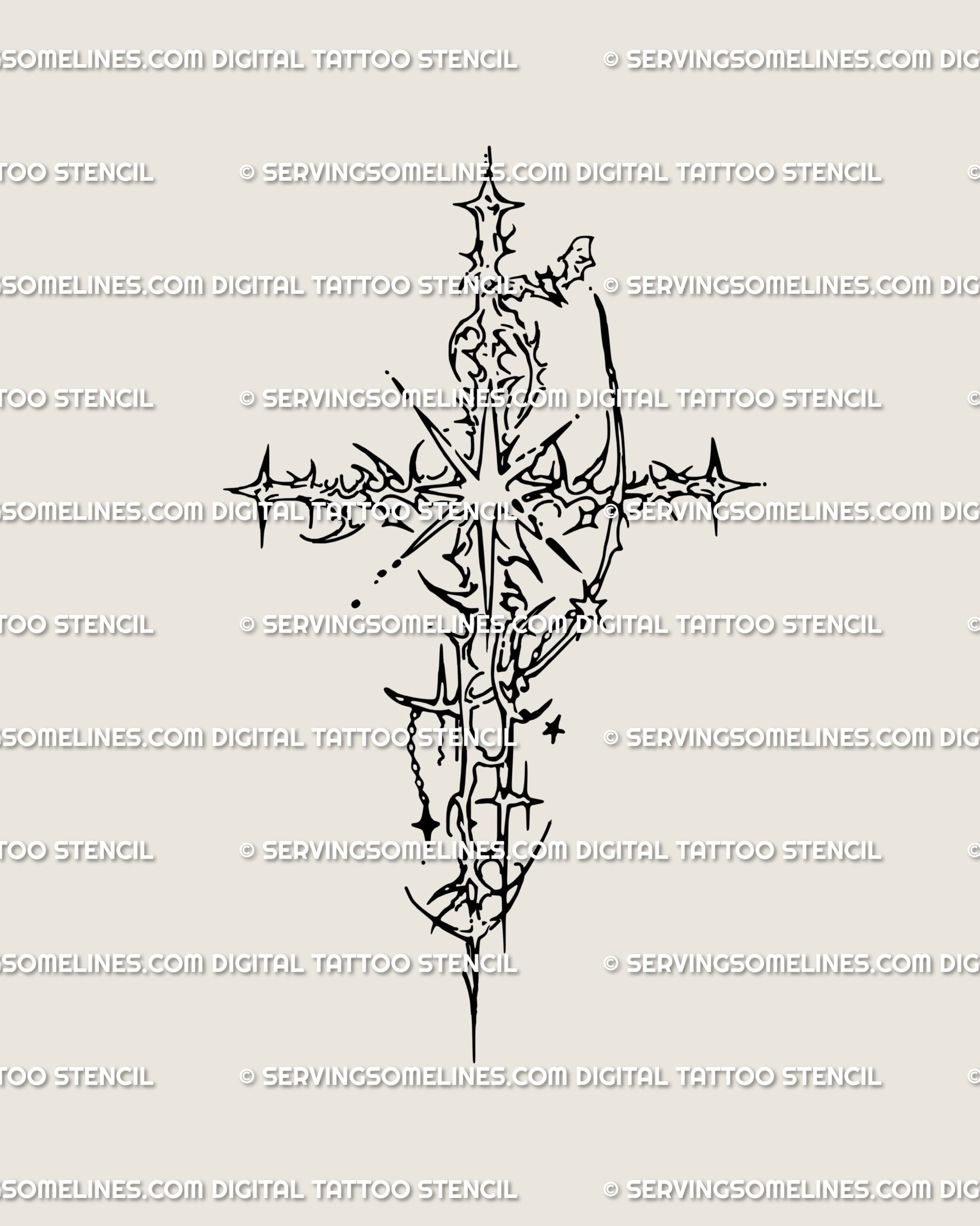 Cyber sigilism cross stencil in thorny neotribal gothic style, sharp spikes and Y2K vibe, created as a digital tattoo design for alt aesthetics.