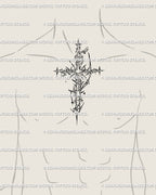 Cyber tribal cross tattoo design for men, placed at chest center, bold gothic sigils with ornamental edges and protective symbolism.