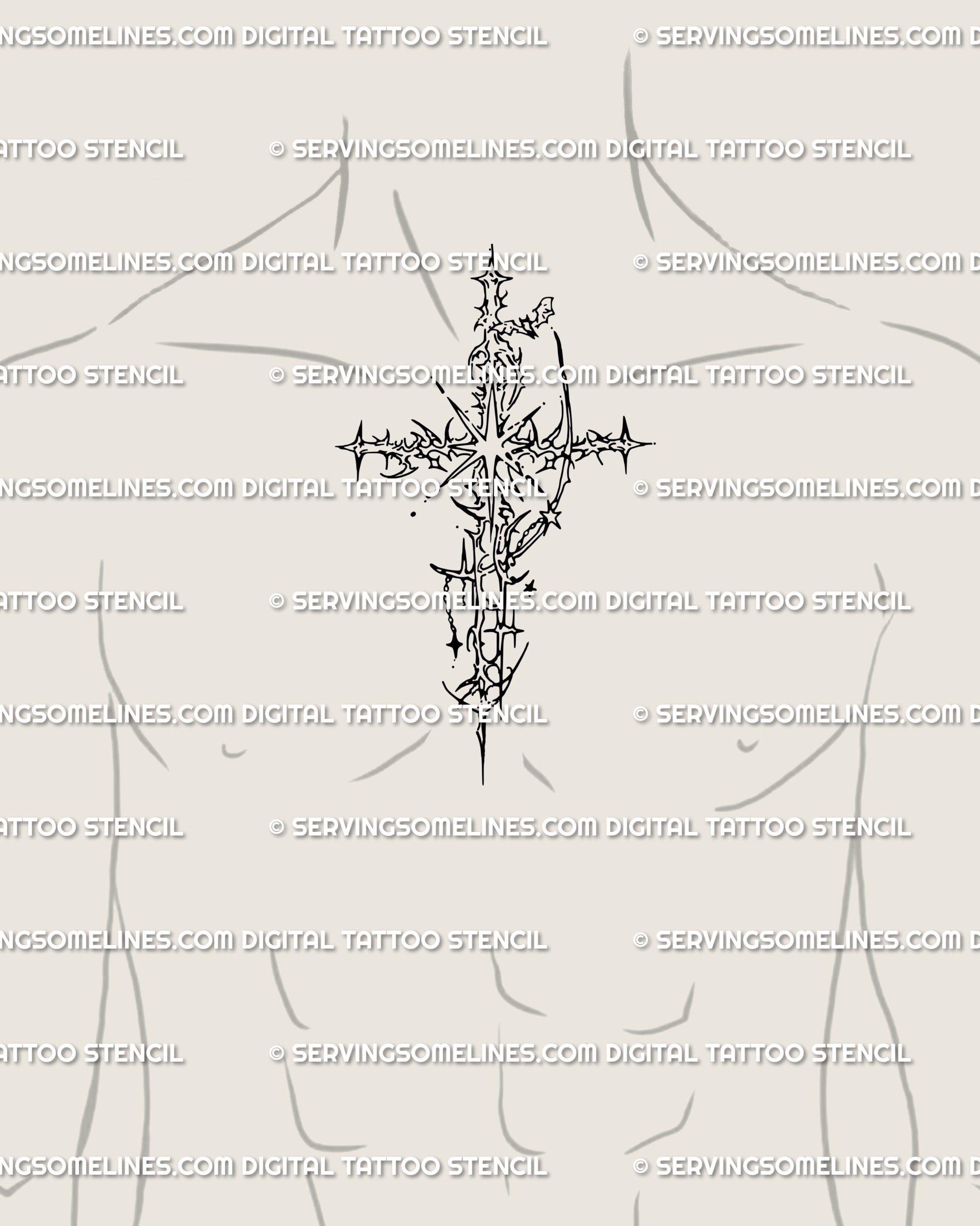 Cyber tribal cross tattoo design for men, placed at chest center, bold gothic sigils with ornamental edges and protective symbolism.