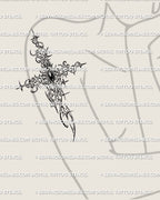 cybersigilism cross tattoo placed on a woman’s upper arm with bold spiky edges, gemstone center, and clean vertical cyber ornamental flow