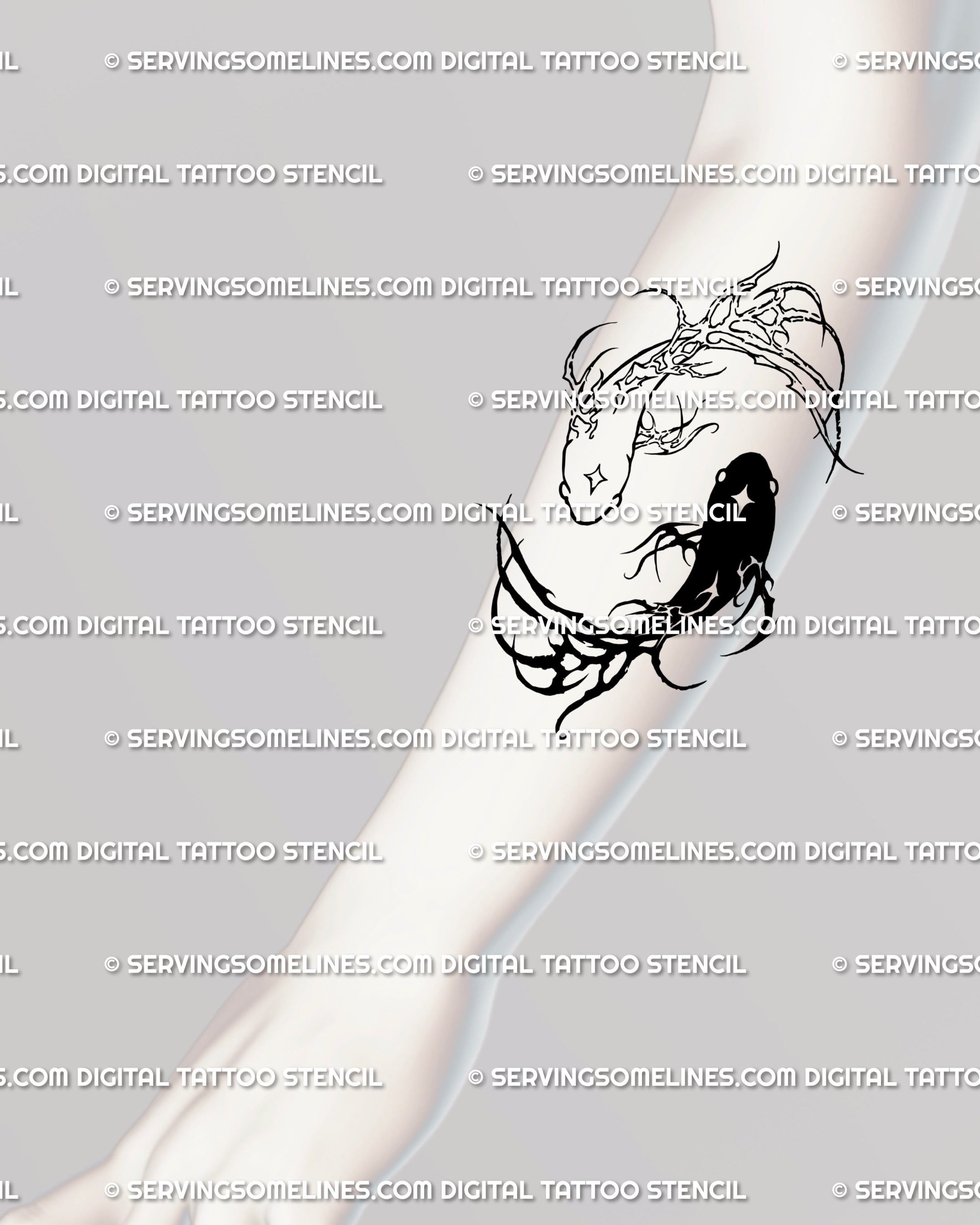 Cybersigil koi tattoo design sized for the forearm; elongated flow tracks the arm’s axis, pairing gothic sharpness with clean, readable geometry.