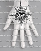 Cybersigilism all seeing eye tattoo shown on top of hand, with triangle eye, sharp sigil rays, dotted texture, and lower tail.
