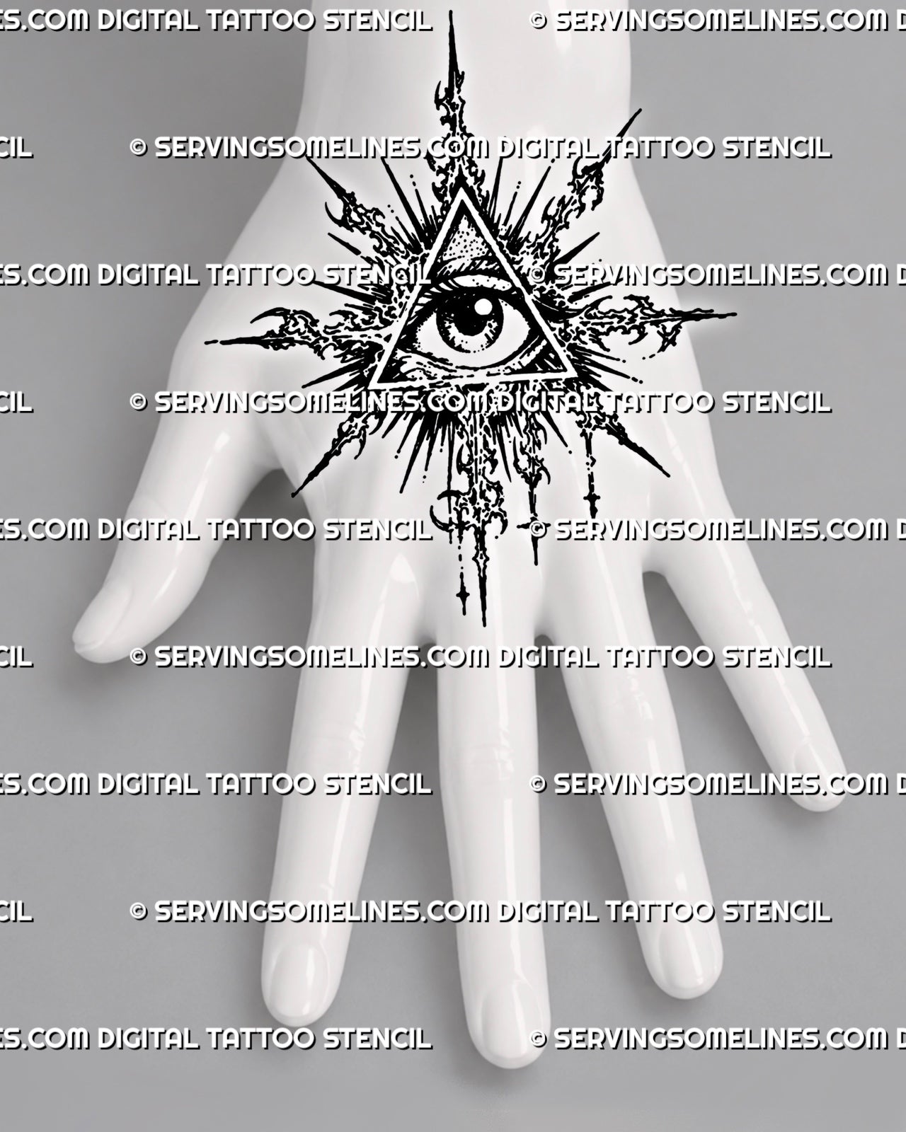 Cybersigilism all seeing eye tattoo shown on top of hand, with triangle eye, sharp sigil rays, dotted texture, and lower tail.