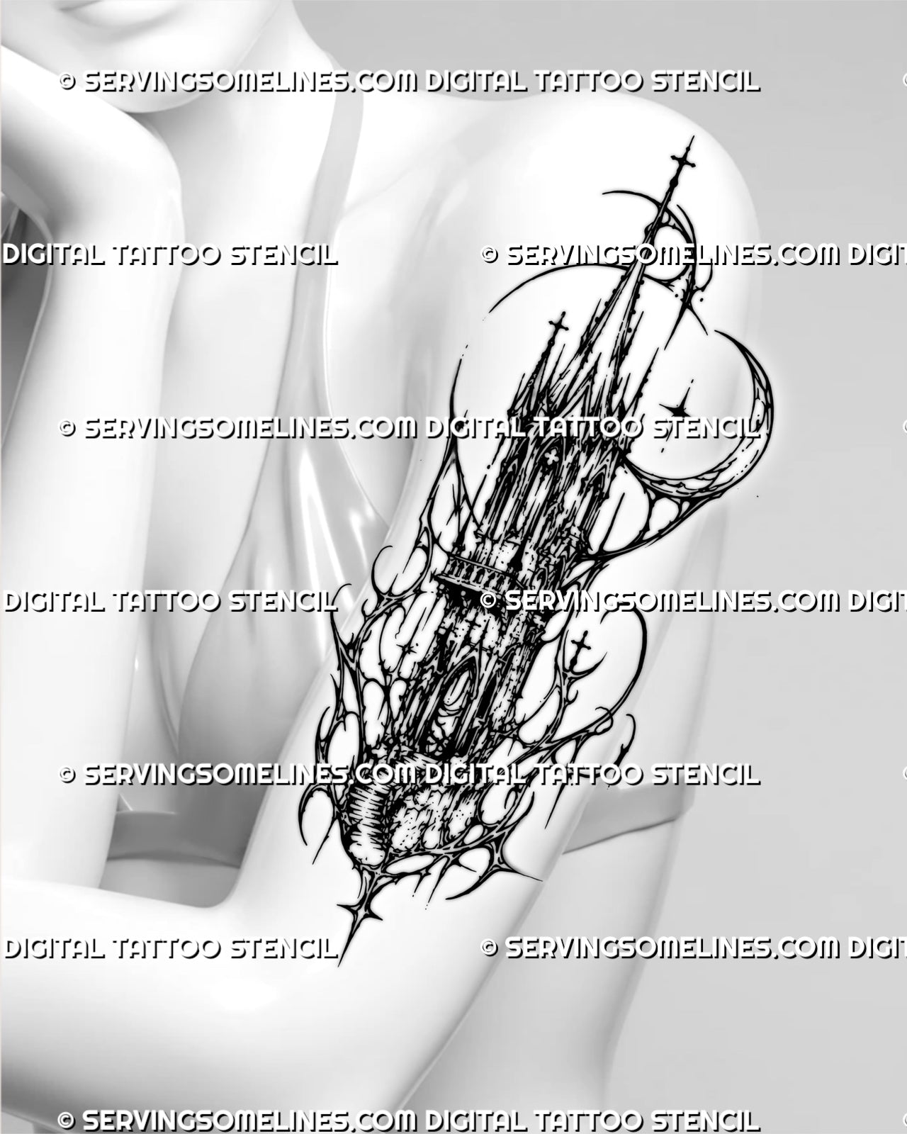 Cybersigilism architecture tattoo stencil shown on women’s upper arm with gothic cathedral tower, sharp spire, cross details, and ornamental sigil linework
