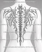 Cybersigilism bone wings spine tattoo shown on a woman’s back with symmetrical skeletal wings, long vertebral structure, and centered full-back composition