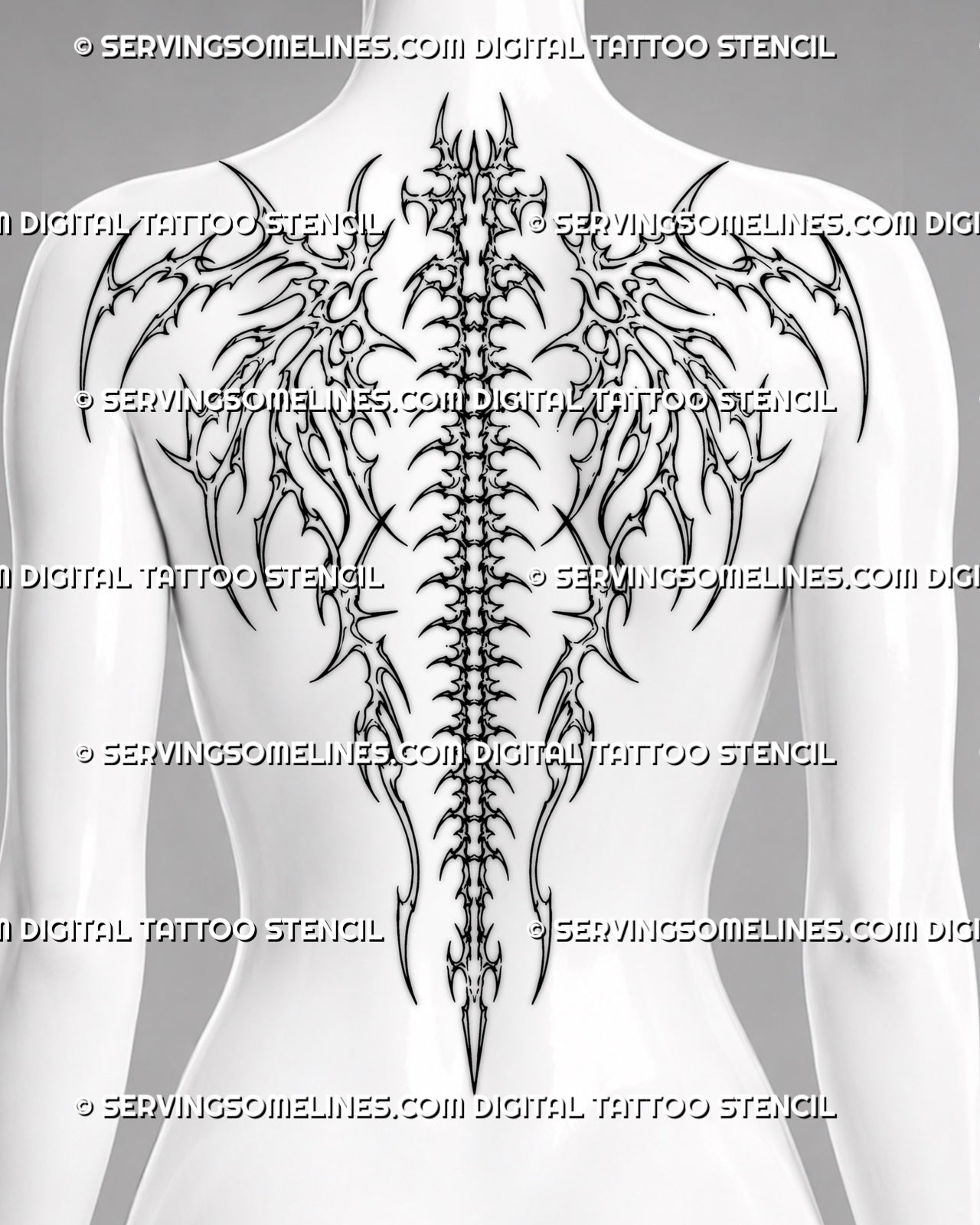 Cybersigilism bone wings spine tattoo shown on a woman’s back with symmetrical skeletal wings, long vertebral structure, and centered full-back composition