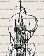 Close view of cybersigilism cathedral tower design showing pointed gothic arches, cross finials, cyber sigil webbing, moon detail, and dark spire texture