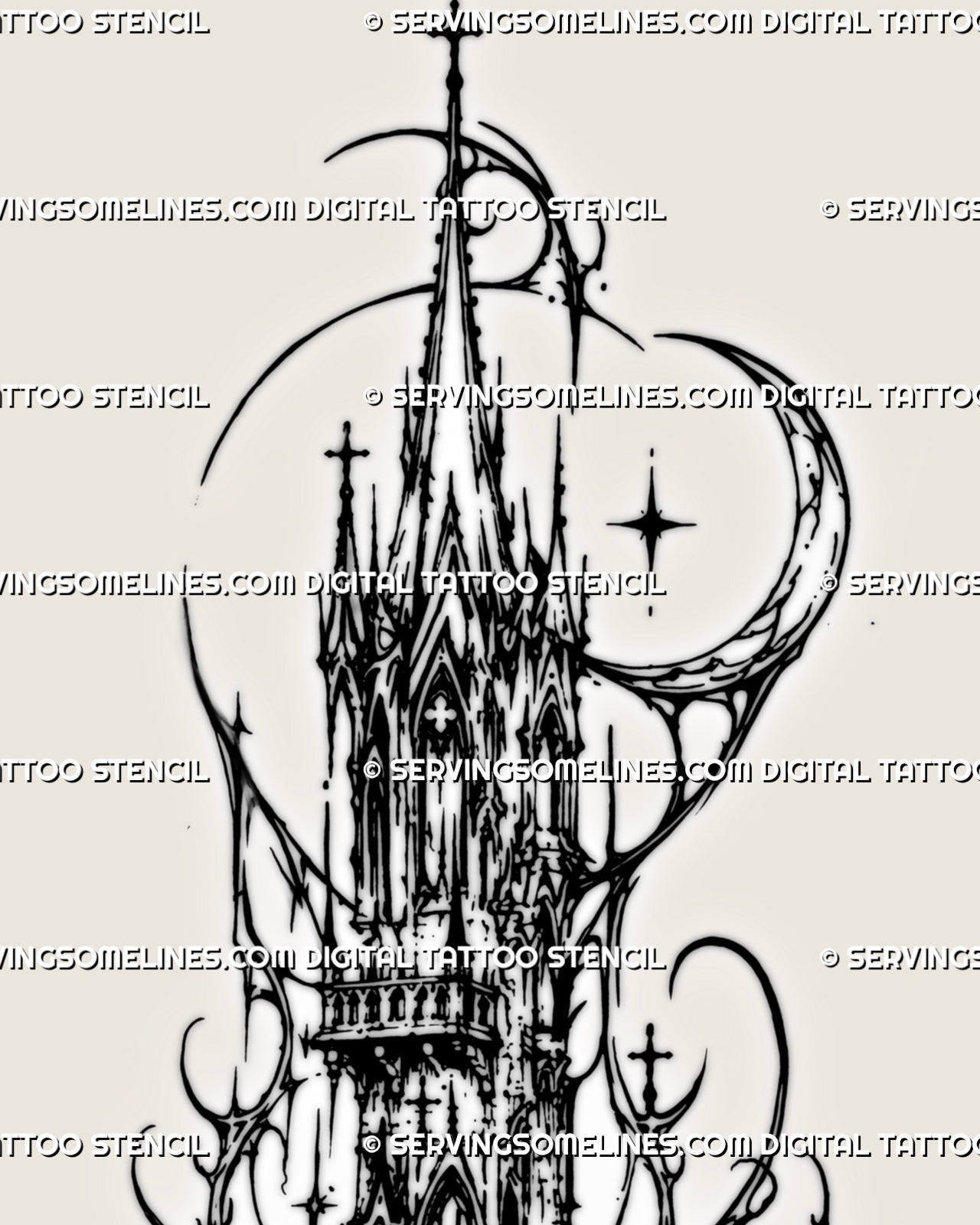 Close view of cybersigilism cathedral tower design showing pointed gothic arches, cross finials, cyber sigil webbing, moon detail, and dark spire texture