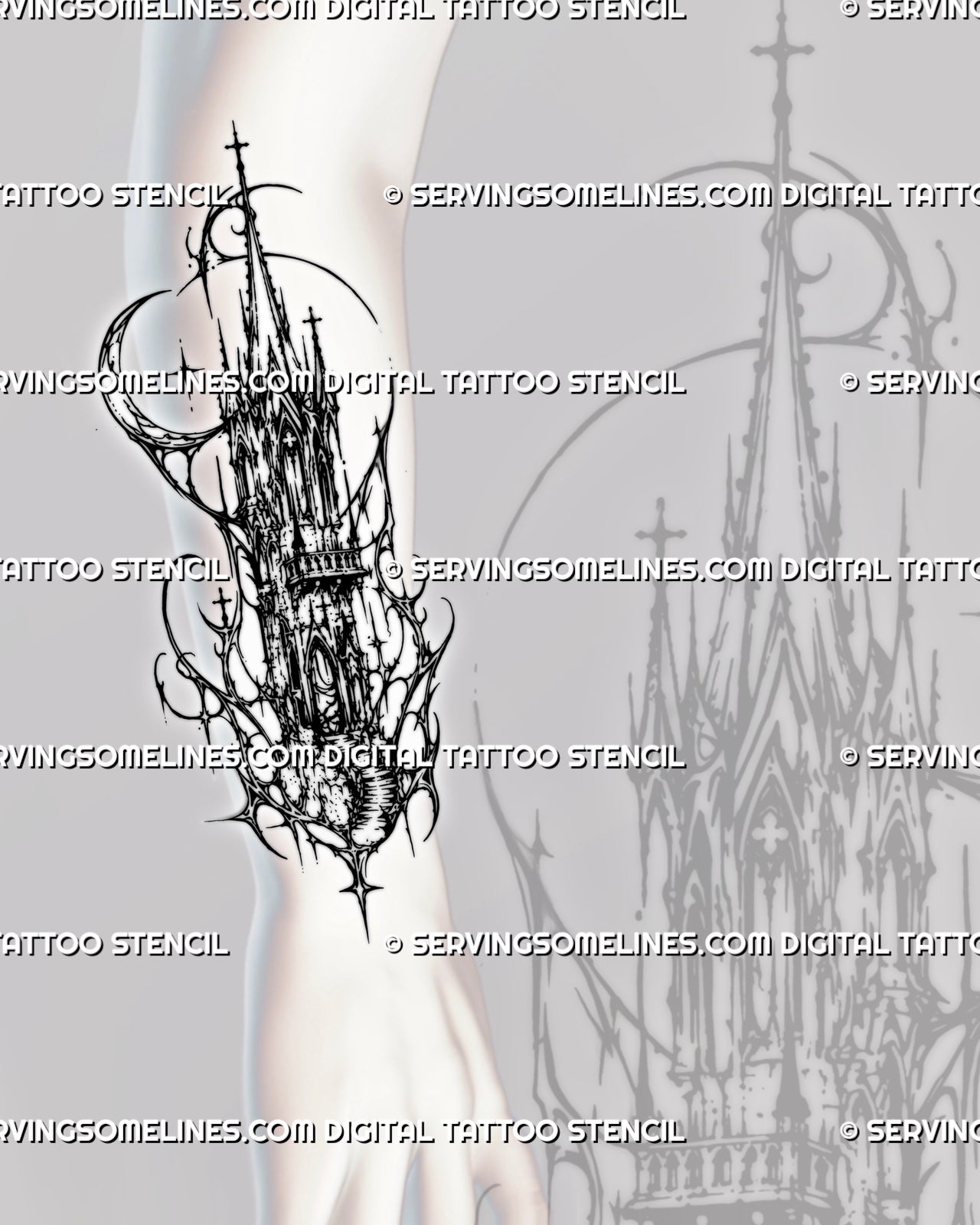 Cybersigilism cathedral tower tattoo stencil shown on forearm with vertical gothic spire, arched windows, crescent moon, and cyber sigil framing